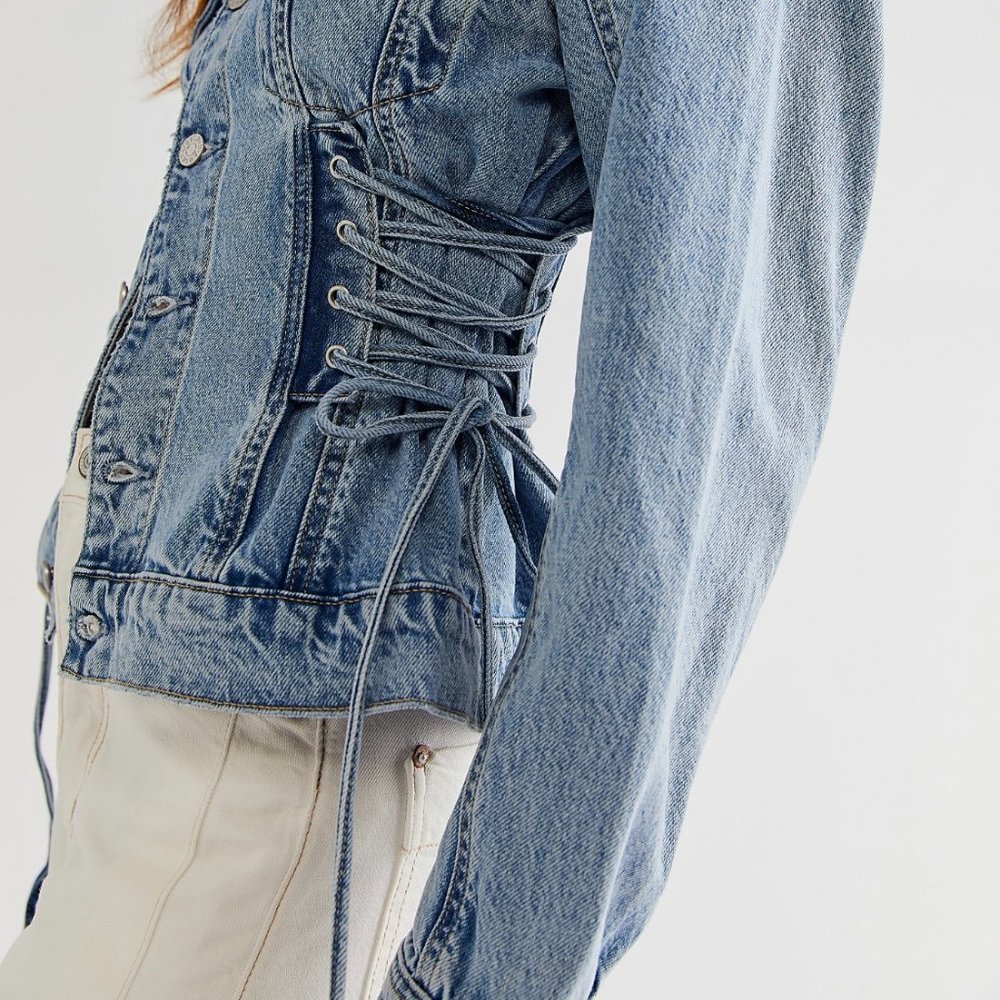 Lana Denim Jacket by Aureta @ Free People XS Color Blue Fawn NWT - Picture 2 of 12